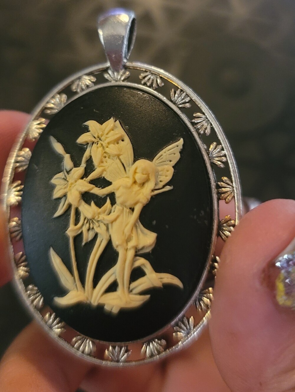 Fairy Pixie Cameo Pendant Black and Cream Flower Fairy Necklace Charm Oval